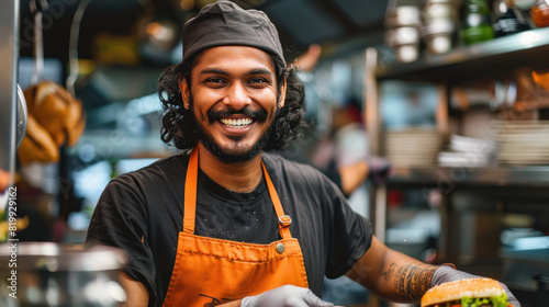 Indian smiling burger chef making smash burger wearing orange apron, black tshirt and black cap hat