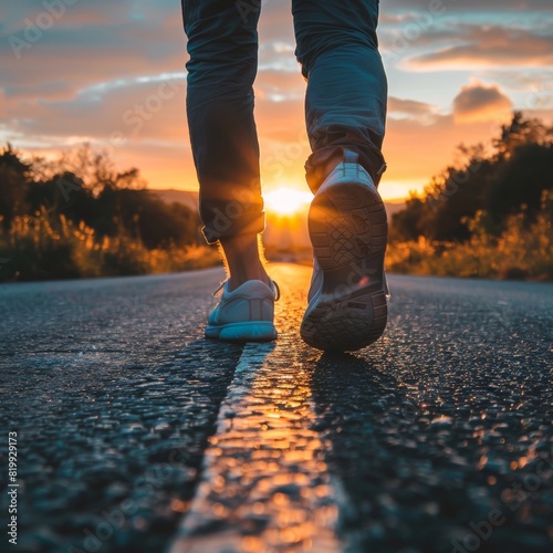 Feet of man walking and exercise on the road during sunset