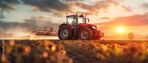 A red tractor is spraying pesticides on a golden wheat field during the sunset