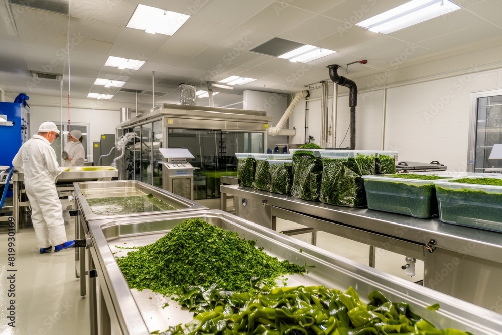 Modern Kelp Processing Facility with Workers Handling Seafood Production, Daytime Industrial Setting Modern Kelp Processing Facility with Workers Handling Seafood Production, Daytime Industrial Setting