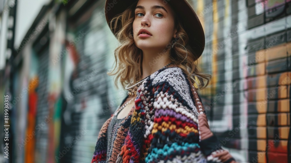 Urban Chic: Young Woman in Colorful Knitted Cardigan and Stylish Hat Against Graffiti Wall – A Blend of Vintage and Modern Fashion Urban Chic: Young Woman in Colorful Knitted Cardigan and Stylish Hat Against Graffiti Wall – A Blend of Vintage and Modern Fashion
