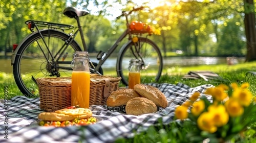 Fototapeta Naklejka Na Ścianę i Meble -  Summer picnic in the park with fresh juice, bread, flowers, and a bicycle in the background on a sunny day.