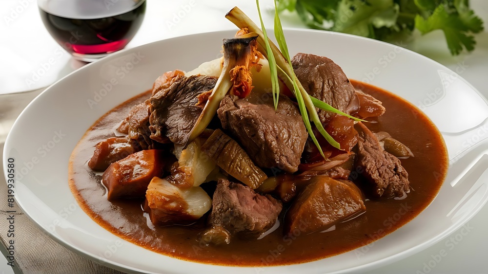 A mouthwatering and vibrant food photography of Boeuf Bourguignon. A mouthwatering and vibrant food photography of Boeuf Bourguignon.