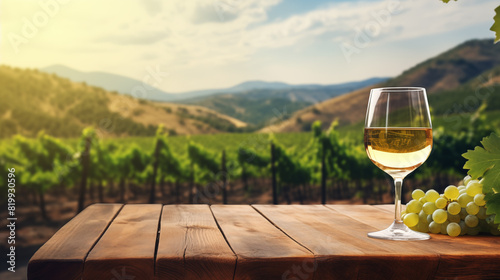 A glass of wine standing on the windowsill of a rustic house overlooking vineyards.