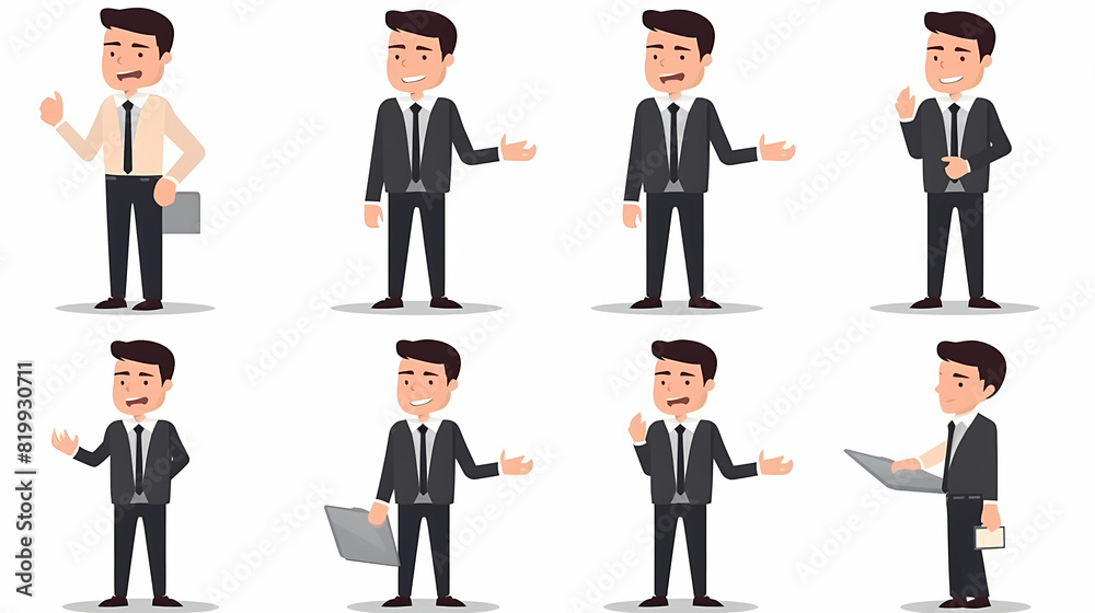 Set of businessman character vector design. Presentation in various action with emotions, running, standing and walking. People working in office planning, thinking and economic analysis Set of businessman character vector design. Presentation in various action with emotions, running, standing and walking. People working in office planning, thinking and economic analysis