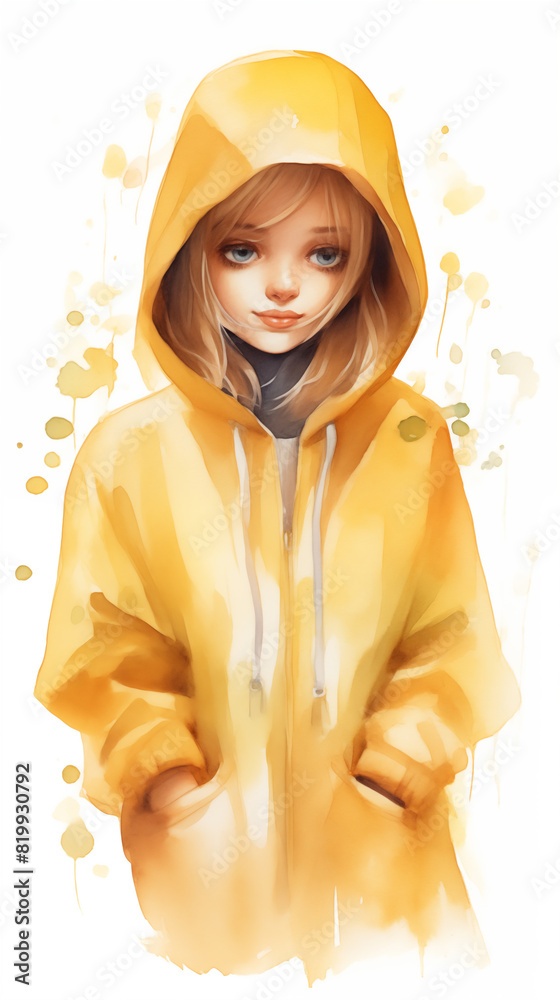 Girl in a yellow raincoat. Postcard in watercolor style. Girl in a yellow raincoat. Postcard in watercolor style.