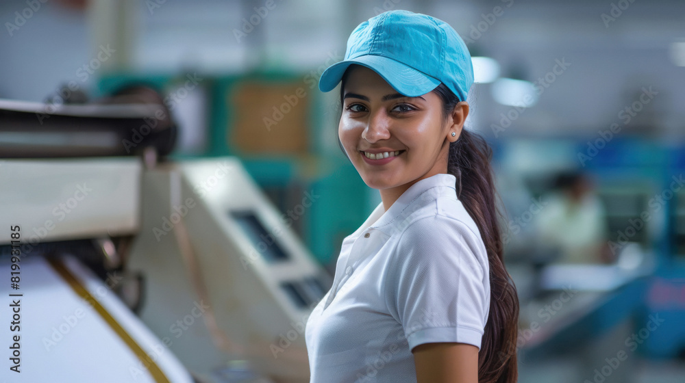 Indian female operator operate printing machine Indian female operator operate printing machine