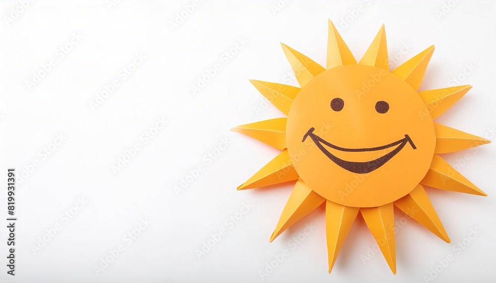 life, light, energy, and spirituality concept of paper origami isolated on white background of the sun with smiley face with copy space, simple starter craft for kids