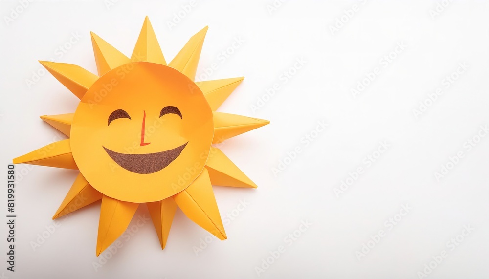life, light, energy, and spirituality concept of paper origami isolated on white background of the sun with smiley face with copy space, simple starter craft for kids