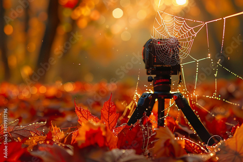 Create a view of a camera capturing the delicate silhouette of a spiderweb glistening with dewdrops, against a backdrop of vibrant autumn leaves, merging natural elegance with ethereal weirdness photo