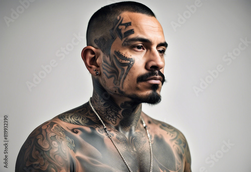 portrait of a tattooed Mexican drug trafficker, isolated white background
 photo