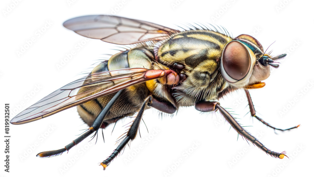 Housefly: A clear image of a housefly, displaying its compound eyes, transparent wings, and bristly body, often used to illustrate common pests. Housefly: A clear image of a housefly, displaying its compound eyes, transparent wings, and bristly body, often used to illustrate common pests.