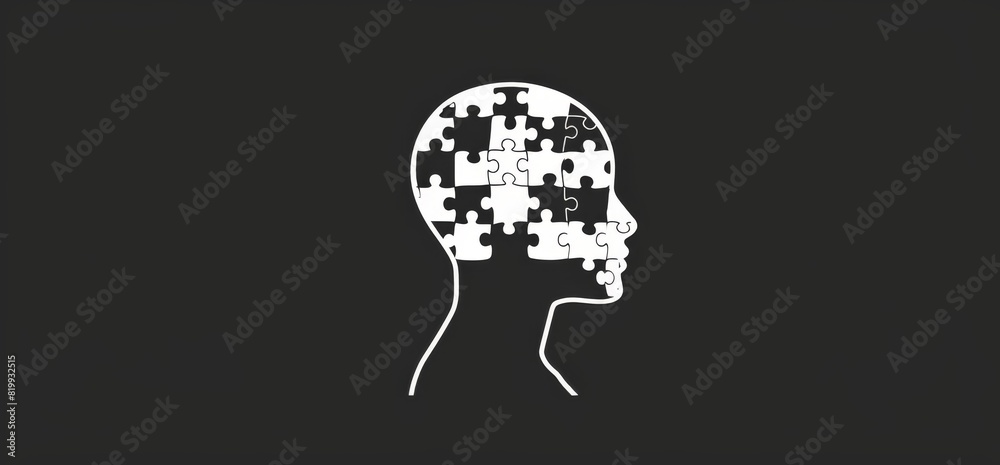 Minimalistic White Outline of a Side Profile Head with Puzzle Pieces Inside on Purple Background, Symbolizing Mental Health and Cognitive Development Minimalistic White Outline of a Side Profile Head with Puzzle Pieces Inside on Purple Background, Symbolizing Mental Health and Cognitive Development