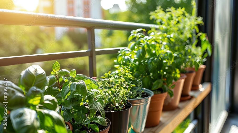 Herb garden on a sunny balcony, featuring basil, mint, and coriander, urban gardening concept Herb garden on a sunny balcony, featuring basil, mint, and coriander, urban gardening concept