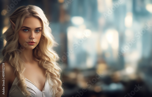 Blond elf. most pretty elf maiden in the woods. Princess elven woman elf portrait. Fantasy lush bokeh forest background.