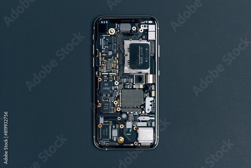 Disassembled smartphone revealing internal components, showcasing technology and complexity of modern mobile devices photo