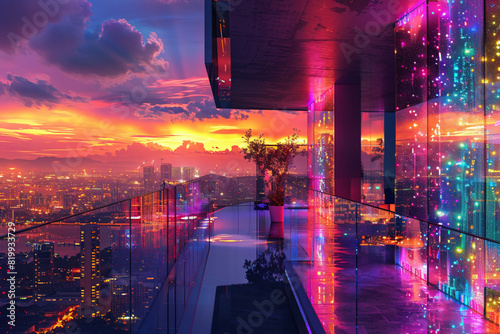 Create an abstract depiction of a luxury penthouse apartment with panoramic views of a city skyline, its modern architecture illuminated by a dazzling array of colorful lights photo