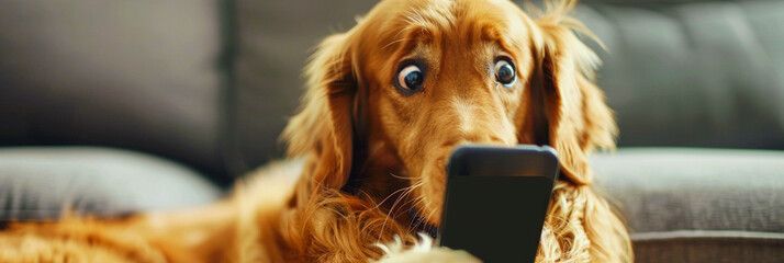 Image of a dog making a surprised face at a cell phone screen..