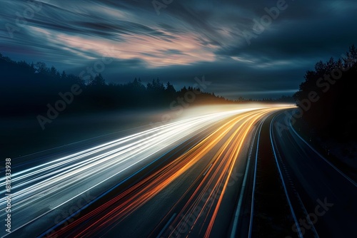 Streaks of car lights on a highway  capturing abstract light focus on  motion  realistic  Composite  urban backdrop  high definition