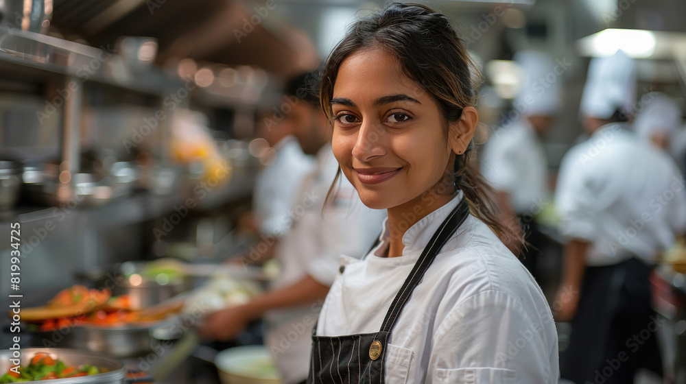 indian female chef standing at kitchen indian female chef standing at kitchen