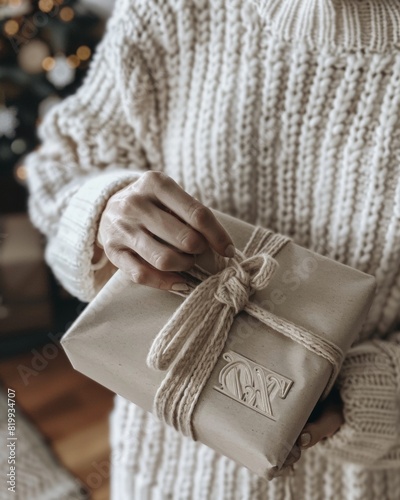 Woman in Cozy Sweater Wrapping a Custom-Knit Gift with Initials, Emphasizing Handcrafted Fashion in a Homely Setting