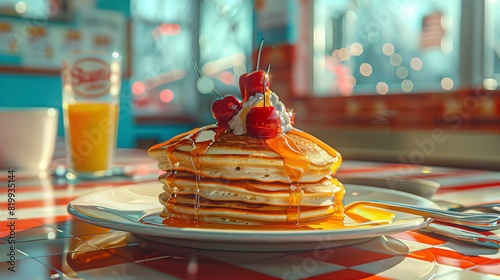 Retro breakfast with classic dinerstyle pancakes, bright colors, and vintage utensils, Retro, Digital Painting photo