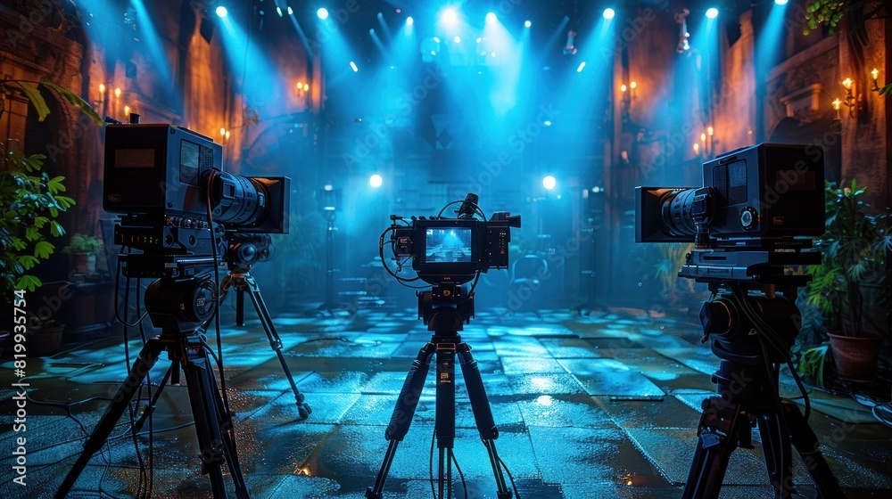 Fototapeta premium Modern television studio with blue lighting
