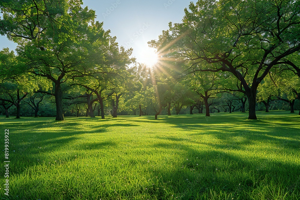 Digital artwork of sun shining through a green grass with trees and bright trees