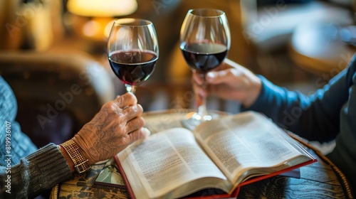 **Two people toasting with glasses of red wine over an open Bible. photo