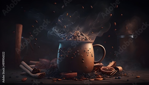 Steaming Mug of Freshly Brewed Coffee Surrounded by Aromatic Coffee Beans and Cinnamon Sticks in a Dramatic Moody Chiaroscuro Setting