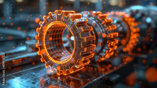mechanical gears background in a tridimensional wire-frame visualization, very modern, clean and futuristic 