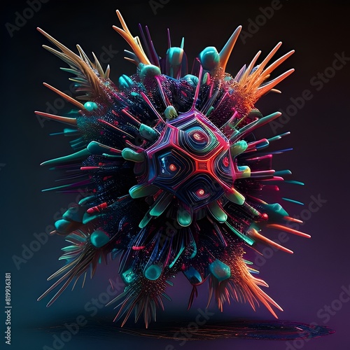 Detailed Microscopic View of a Deadly Virus with Captivating Organic Forms and Vibrant Neon Tinged Colors Conveying Beauty and Danger in a Sci Fi