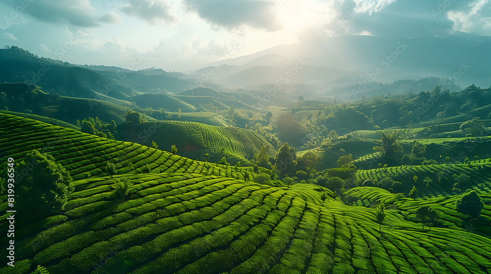 Fototapeta premium Aerial view of lush green tea plantation