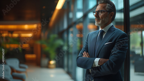 side view of a business man with a white beard and glasses wearing a suit and standing in a modern office interior photo