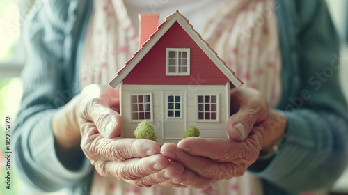 Close-up of elderly hands holding a miniature house and keys photo