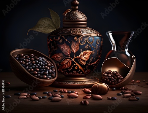 Dramatic Chiaroscuro Still Life of Aromatic Coffee Beans with Rich Hues and Intricate Patterns