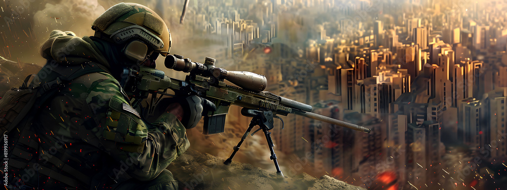 Obraz premium A sniper is aiming his big rifle at the city, and he is waiting for his prey. sniper rifle, target, prey, surveillance, sharpshooter, precision, military, tactical