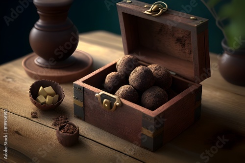 Elegant Chocolate Truffles in a Decorative Wooden Box with Brass Accents Set Against a Warm Rustic Background