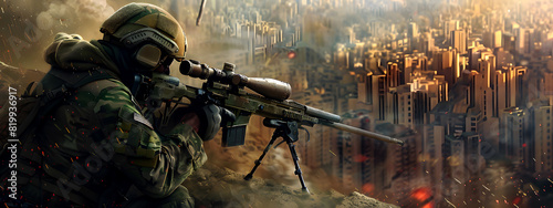 A sniper is aiming his big rifle at the city, and he is waiting for his prey. sniper rifle, target, prey, surveillance, sharpshooter, precision, military, tactical photo
