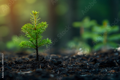 Small tree emerging from ground. Reforestation concept