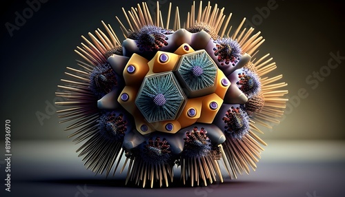 Vivid 3D Render of Microscopic Virulent Pathogen with Spiny Capsid and Multifaceted Genomic Structure