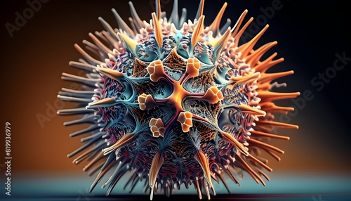 Hyper Detailed 3D Render of Microscopic Virulent Pathogen with Spiny Capsid and Complex Genomic Structure photo