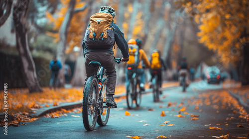 group of people riding their bikes through an avenue during autumn while wearing yellow backpacks © h3design