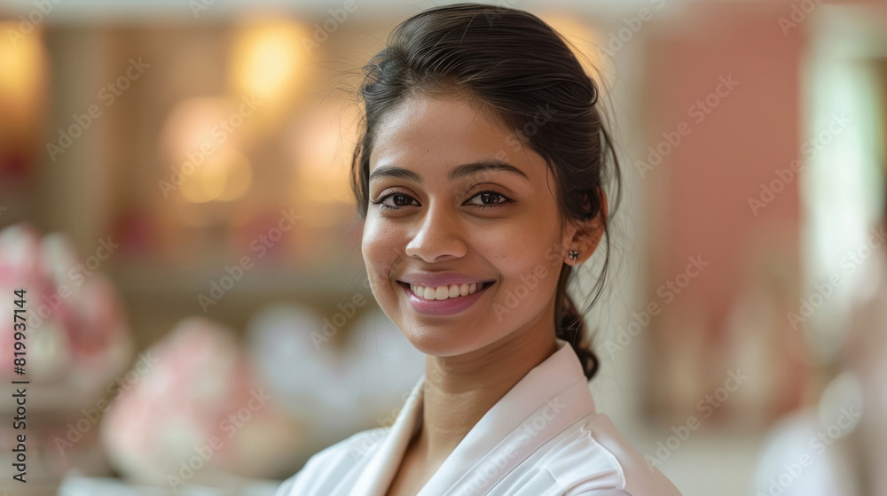 Indian spa staff wearing white spa uniform, white and light pink blur spa in background.