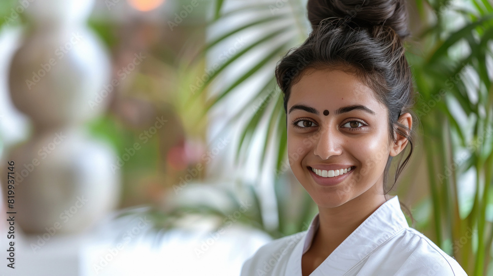 Indian spa staff wearing white spa uniform, white and light pink blur spa in background. Indian spa staff wearing white spa uniform, white and light pink blur spa in background.