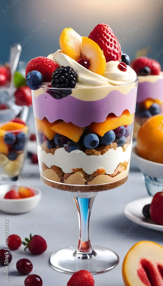 Dessert of blueberry, vanilla ice cream, garnished with berries, orange, cream and nuts. Dessert of blueberry, vanilla ice cream, garnished with berries, orange, cream and nuts.
