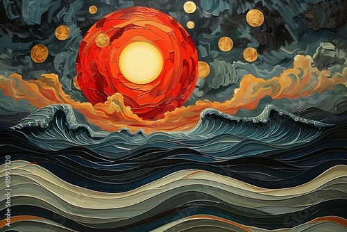 The great wave and the sun are shown on an abstract painting