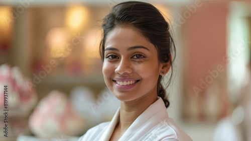 Indian spa staff wearing white spa uniform  white and light pink blur spa in background.