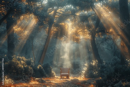 A chair resting in a forest filled with trees with sun beams photo