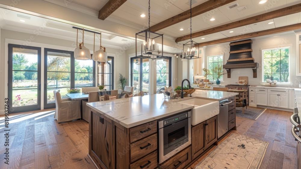 A large kitchen with a white island and a wood stove. The kitchen is well lit and has a warm, inviting atmosphere A large kitchen with a white island and a wood stove. The kitchen is well lit and has a warm, inviting atmosphere